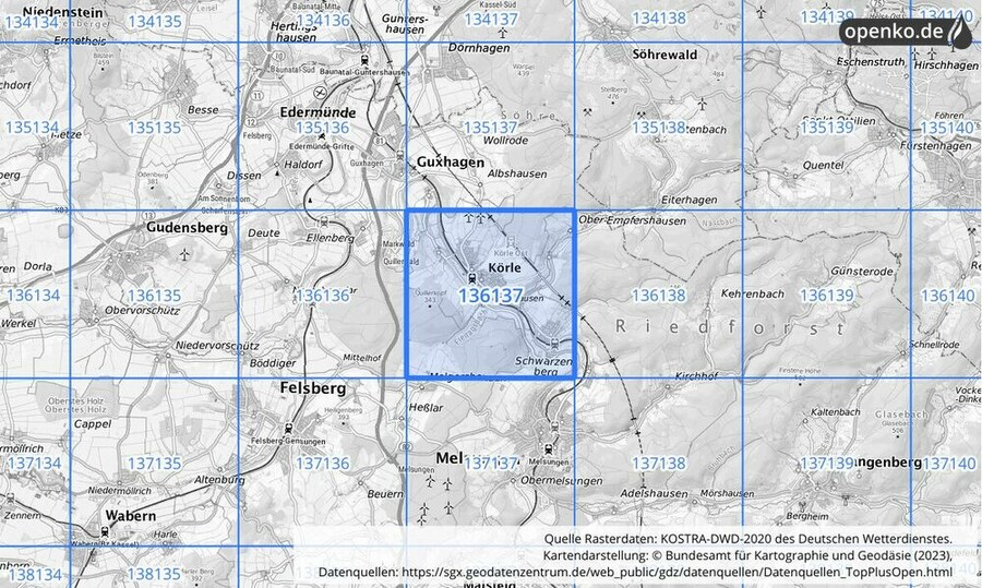 Übersichtskarte des KOSTRA-DWD-2020-Rasterfeldes Nr. 136137