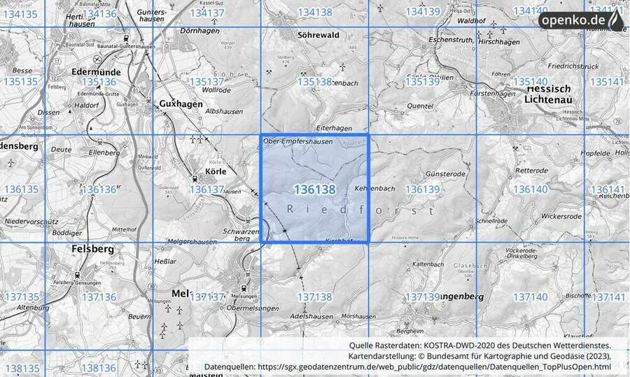 Übersichtskarte des KOSTRA-DWD-2020-Rasterfeldes Nr. 136138