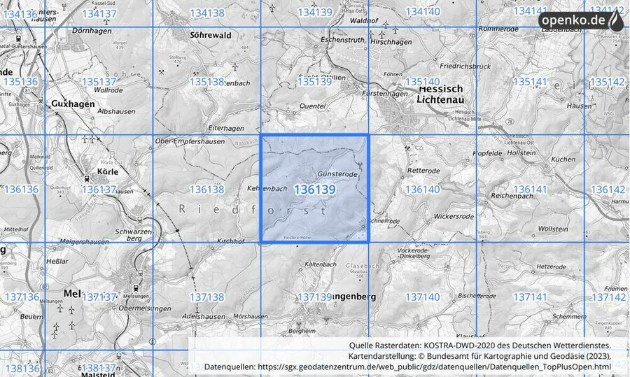 Übersichtskarte des KOSTRA-DWD-2020-Rasterfeldes Nr. 136139