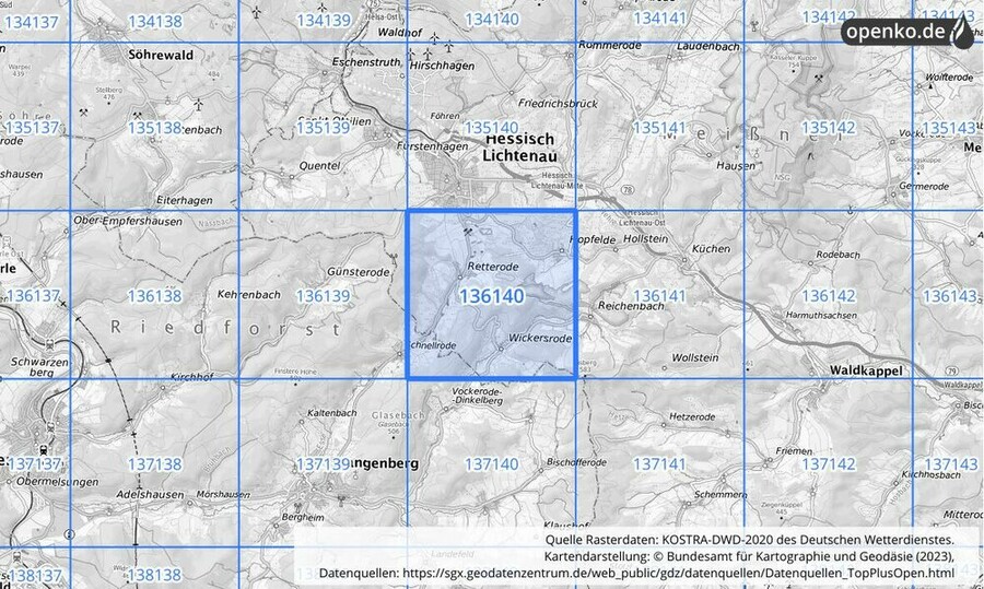 Übersichtskarte des KOSTRA-DWD-2020-Rasterfeldes Nr. 136140