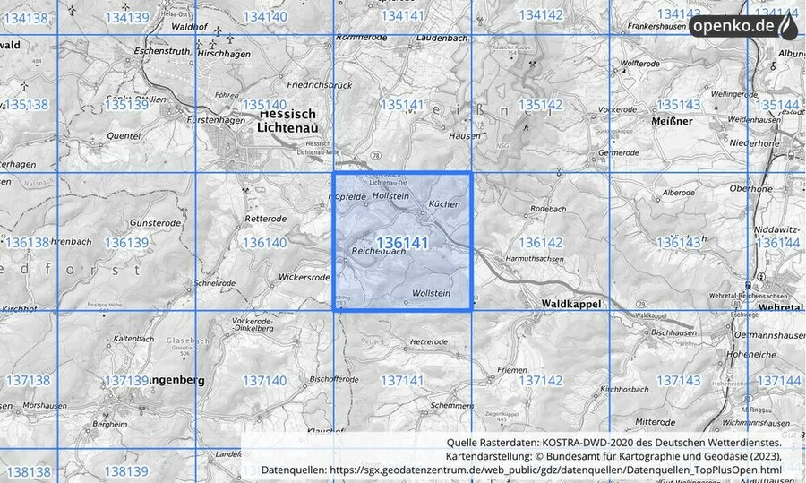 Übersichtskarte des KOSTRA-DWD-2020-Rasterfeldes Nr. 136141