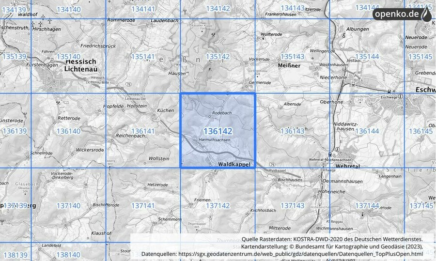 Übersichtskarte des KOSTRA-DWD-2020-Rasterfeldes Nr. 136142