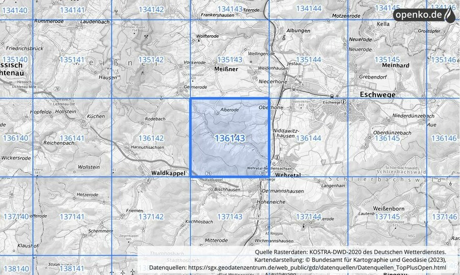 Übersichtskarte des KOSTRA-DWD-2020-Rasterfeldes Nr. 136143