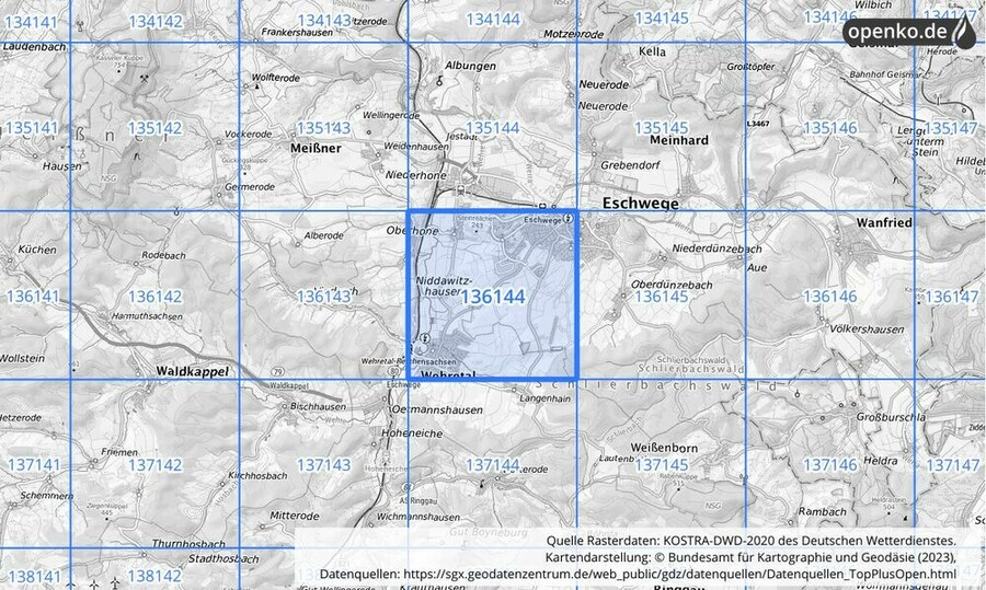 Übersichtskarte des KOSTRA-DWD-2020-Rasterfeldes Nr. 136144