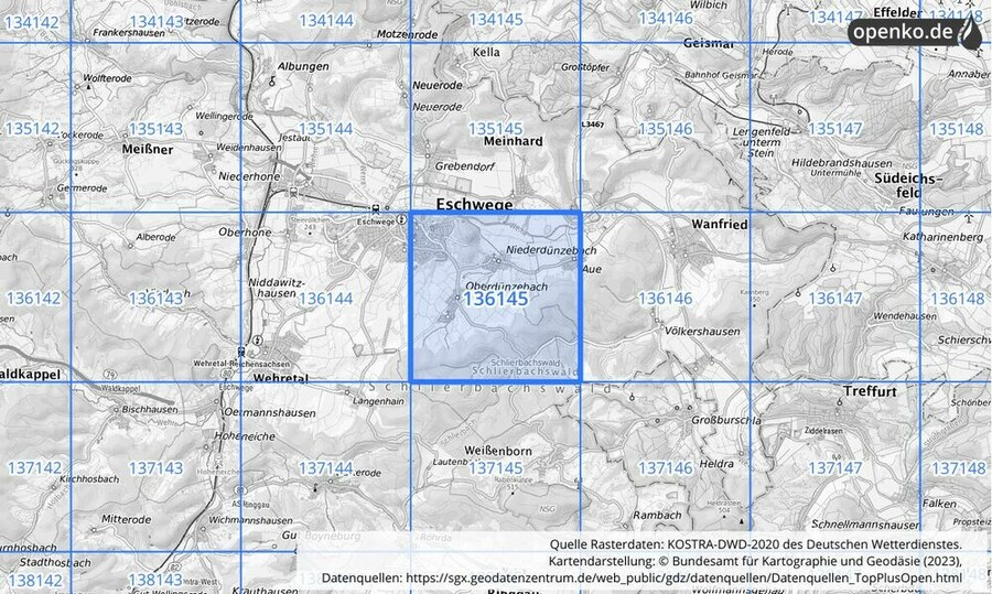 Übersichtskarte des KOSTRA-DWD-2020-Rasterfeldes Nr. 136145