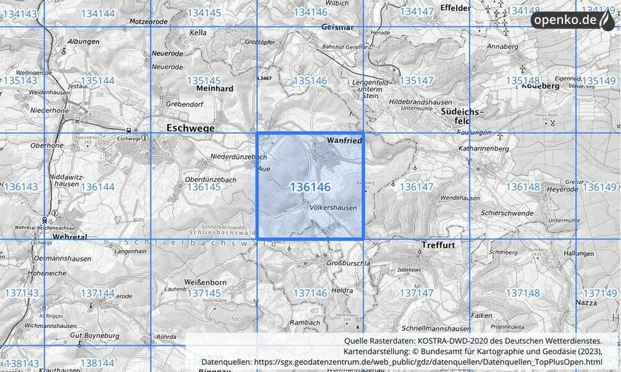 Übersichtskarte des KOSTRA-DWD-2020-Rasterfeldes Nr. 136146