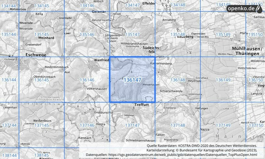 Übersichtskarte des KOSTRA-DWD-2020-Rasterfeldes Nr. 136147