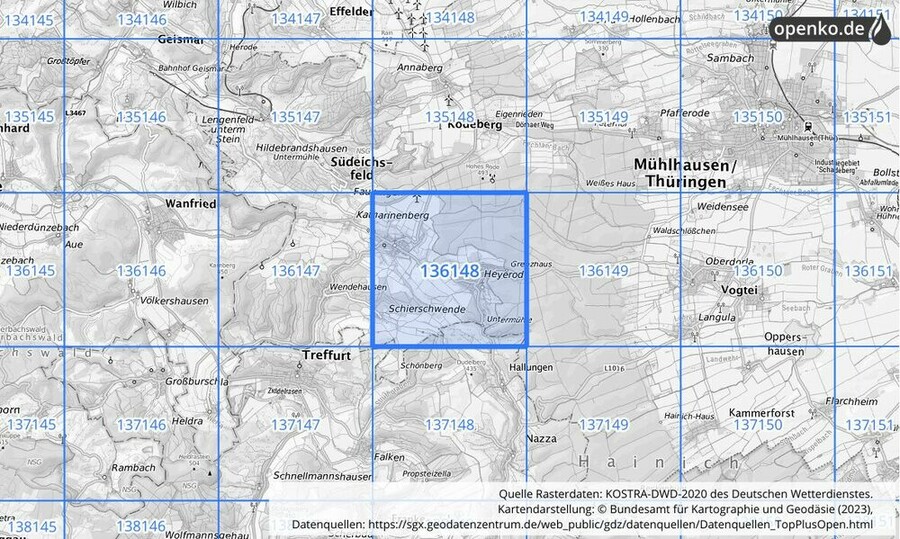 Übersichtskarte des KOSTRA-DWD-2020-Rasterfeldes Nr. 136148