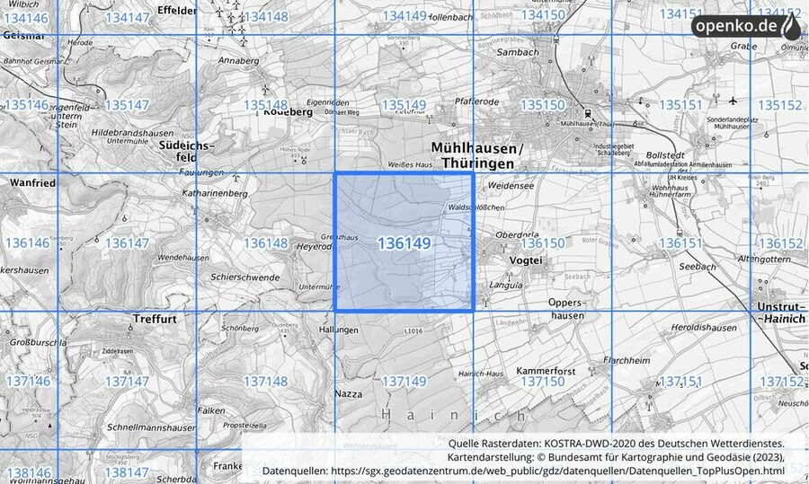 Übersichtskarte des KOSTRA-DWD-2020-Rasterfeldes Nr. 136149