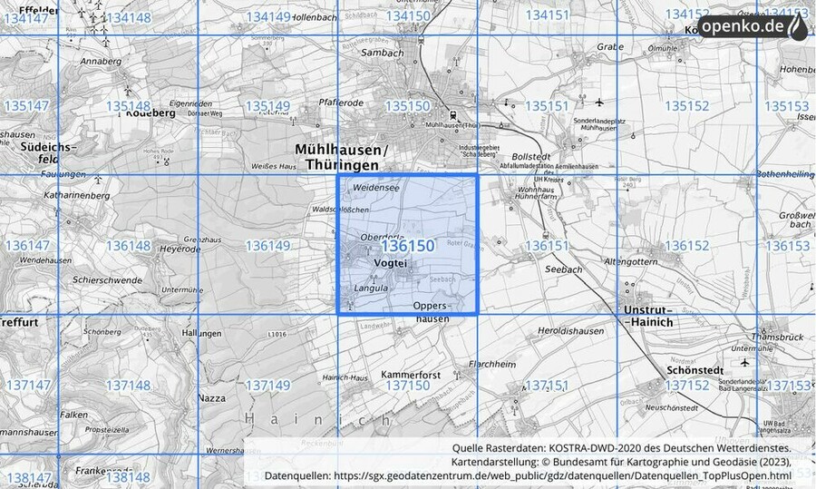 Übersichtskarte des KOSTRA-DWD-2020-Rasterfeldes Nr. 136150