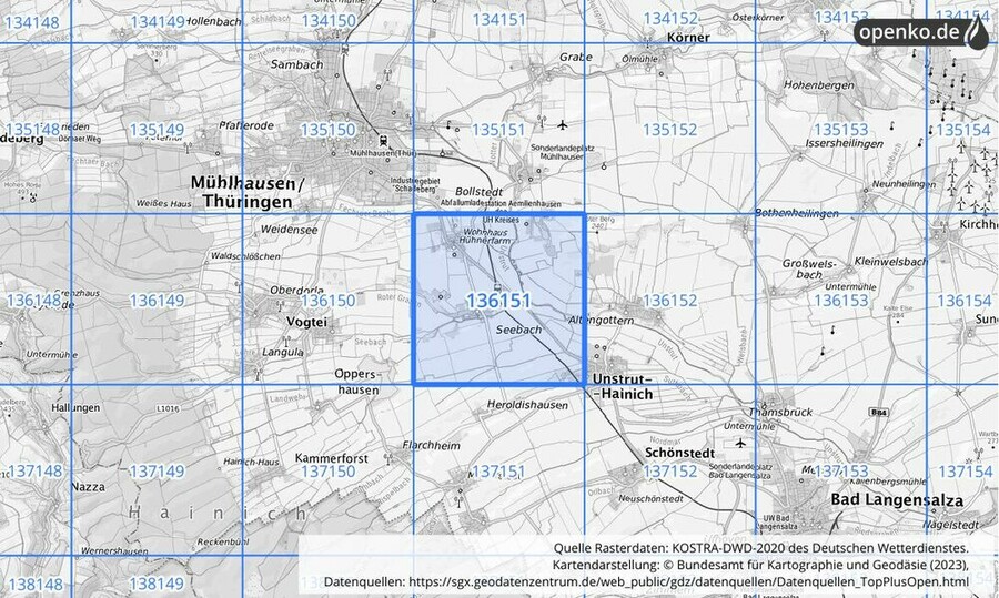 Übersichtskarte des KOSTRA-DWD-2020-Rasterfeldes Nr. 136151