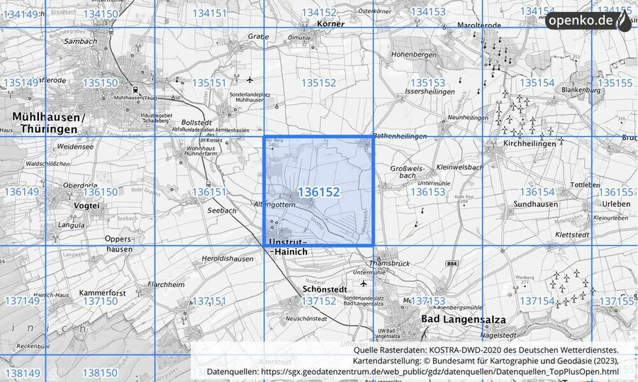 Übersichtskarte des KOSTRA-DWD-2020-Rasterfeldes Nr. 136152