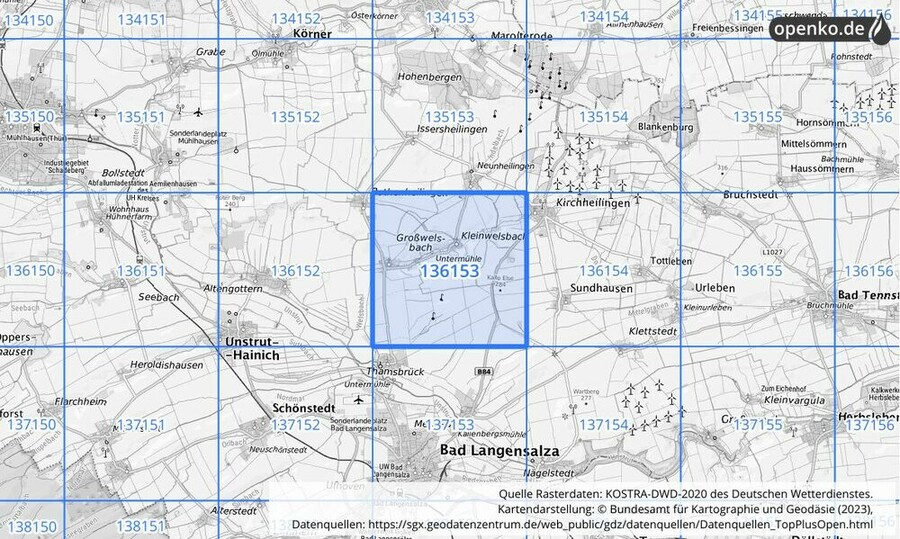 Übersichtskarte des KOSTRA-DWD-2020-Rasterfeldes Nr. 136153