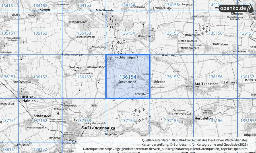 Übersichtskarte des KOSTRA-DWD-2020-Rasterfeldes Nr. 136154