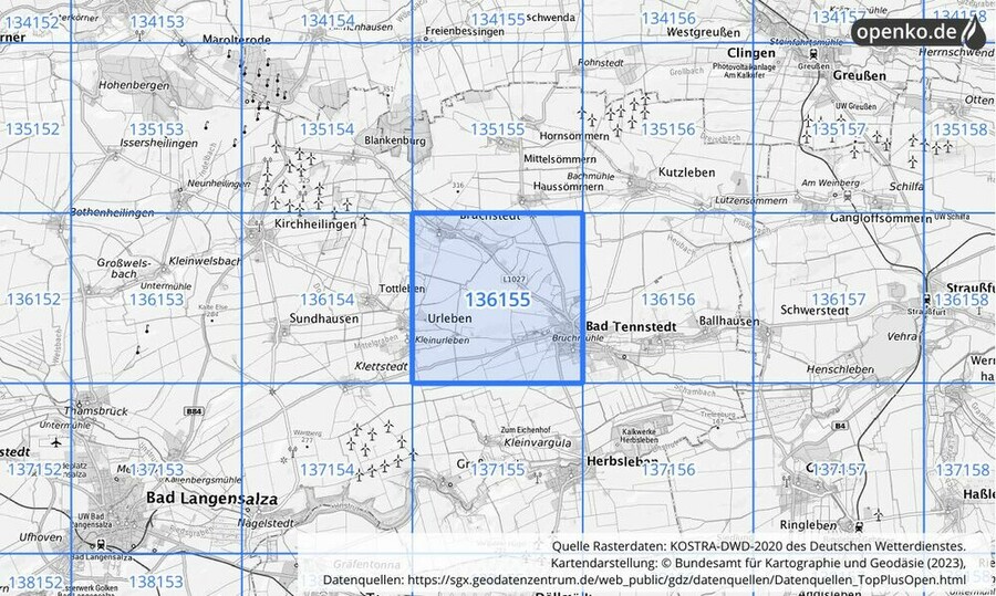 Übersichtskarte des KOSTRA-DWD-2020-Rasterfeldes Nr. 136155