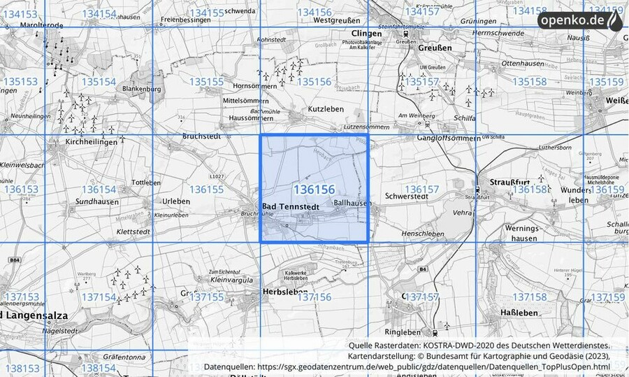 Übersichtskarte des KOSTRA-DWD-2020-Rasterfeldes Nr. 136156