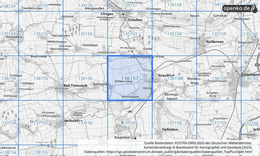 Übersichtskarte des KOSTRA-DWD-2020-Rasterfeldes Nr. 136157