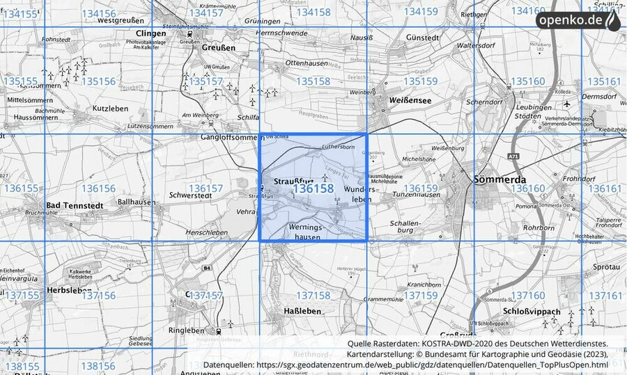 Übersichtskarte des KOSTRA-DWD-2020-Rasterfeldes Nr. 136158
