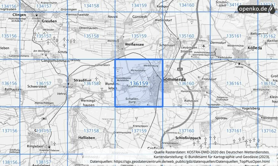 Übersichtskarte des KOSTRA-DWD-2020-Rasterfeldes Nr. 136159