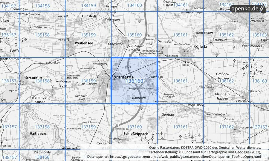 Übersichtskarte des KOSTRA-DWD-2020-Rasterfeldes Nr. 136160