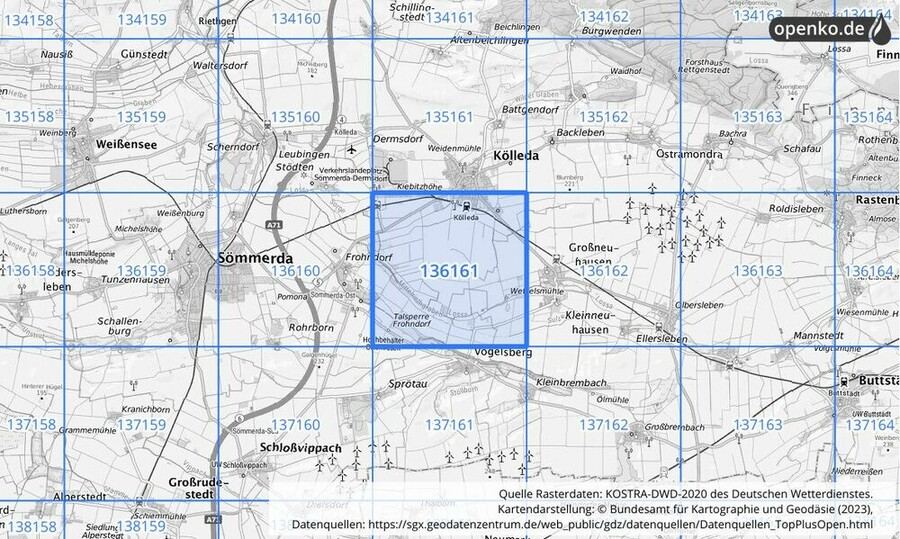 Übersichtskarte des KOSTRA-DWD-2020-Rasterfeldes Nr. 136161