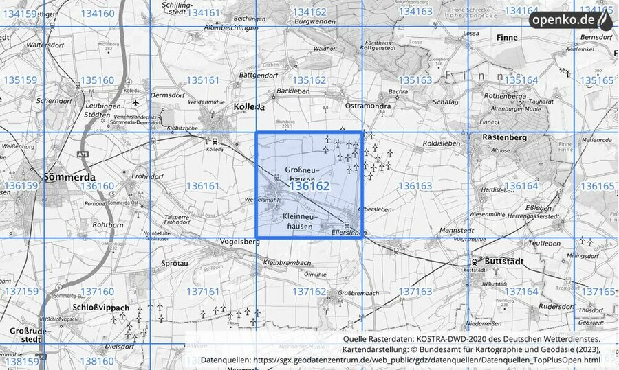 Übersichtskarte des KOSTRA-DWD-2020-Rasterfeldes Nr. 136162