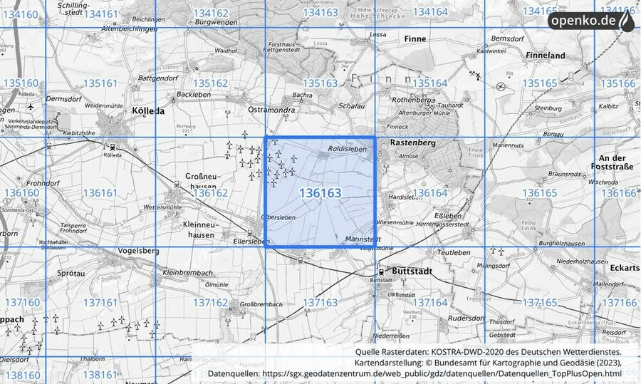 Übersichtskarte des KOSTRA-DWD-2020-Rasterfeldes Nr. 136163