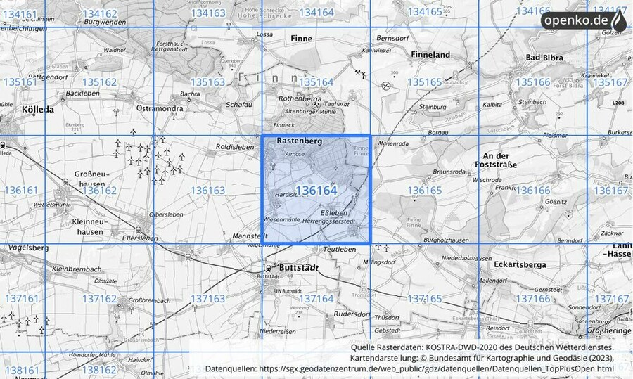 Übersichtskarte des KOSTRA-DWD-2020-Rasterfeldes Nr. 136164