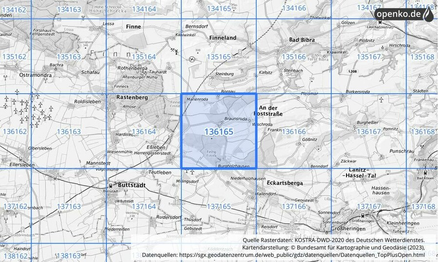 Übersichtskarte des KOSTRA-DWD-2020-Rasterfeldes Nr. 136165