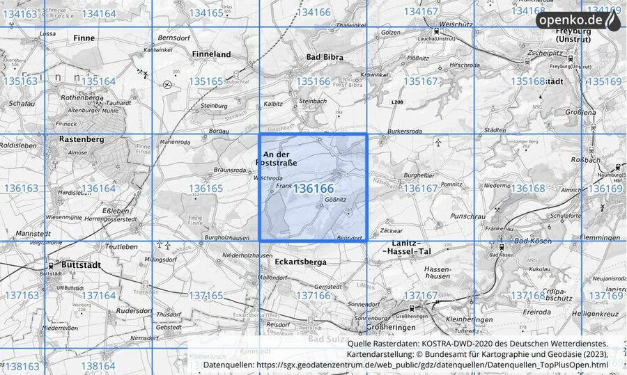 Übersichtskarte des KOSTRA-DWD-2020-Rasterfeldes Nr. 136166