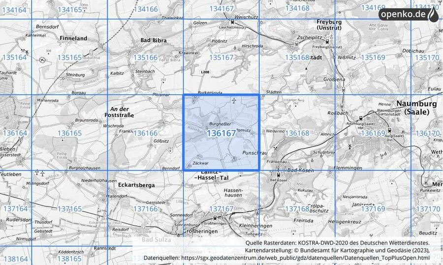 Übersichtskarte des KOSTRA-DWD-2020-Rasterfeldes Nr. 136167