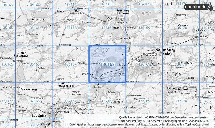 Übersichtskarte des KOSTRA-DWD-2020-Rasterfeldes Nr. 136168