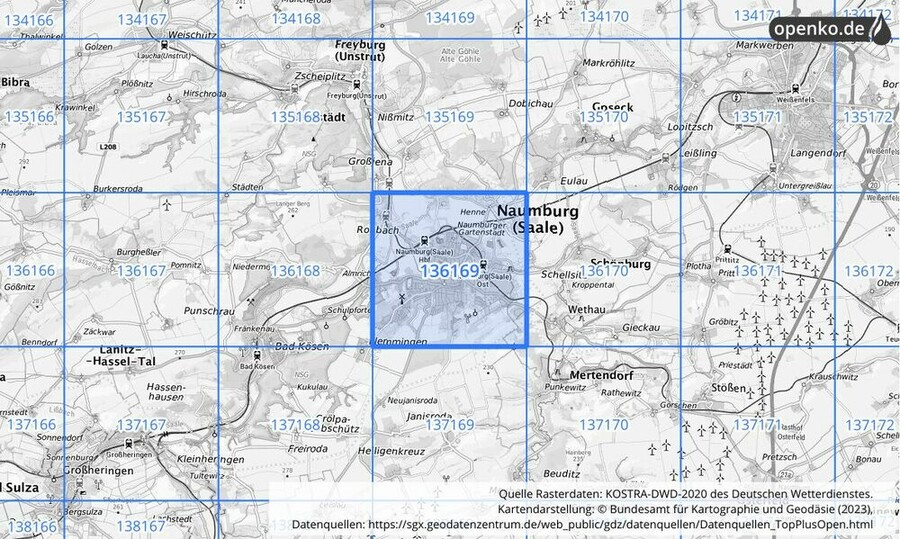 Übersichtskarte des KOSTRA-DWD-2020-Rasterfeldes Nr. 136169