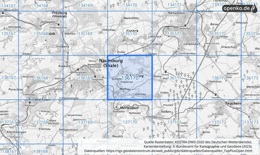 Übersichtskarte des KOSTRA-DWD-2020-Rasterfeldes Nr. 136170