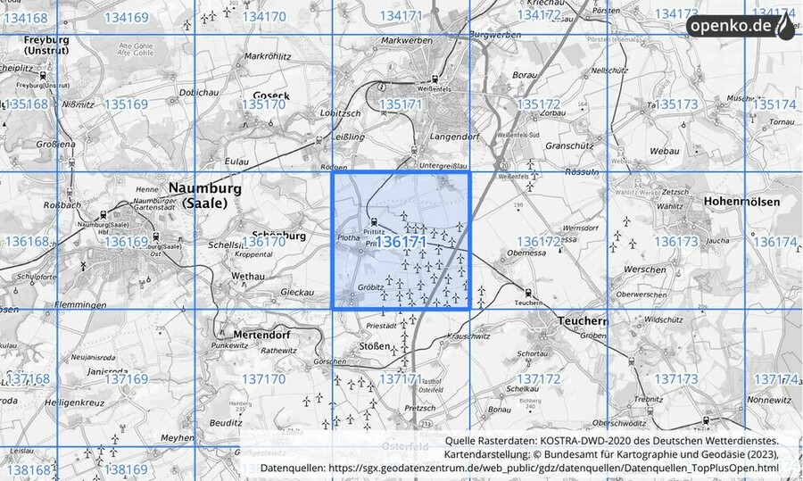 Übersichtskarte des KOSTRA-DWD-2020-Rasterfeldes Nr. 136171