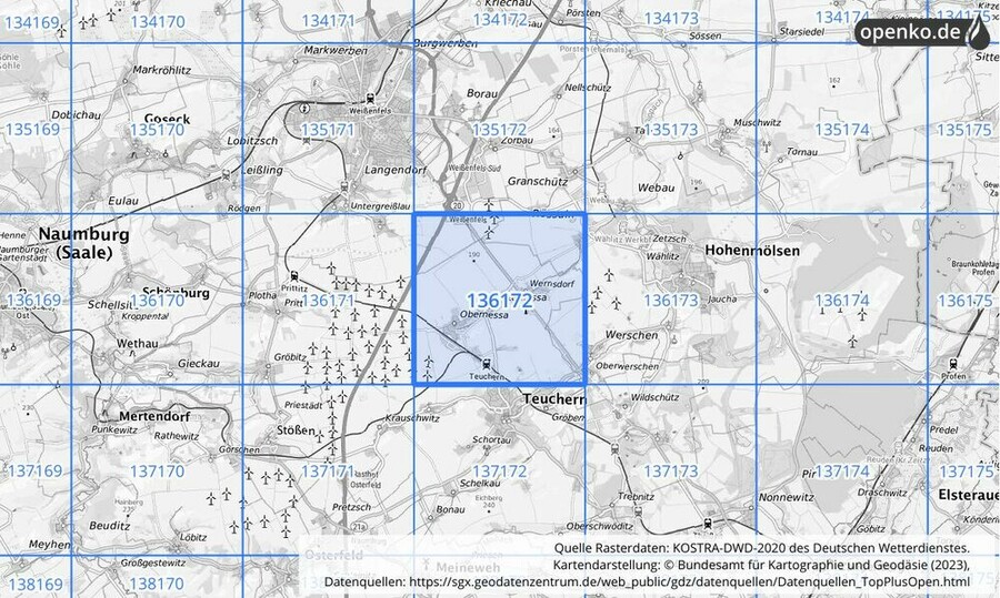 Übersichtskarte des KOSTRA-DWD-2020-Rasterfeldes Nr. 136172