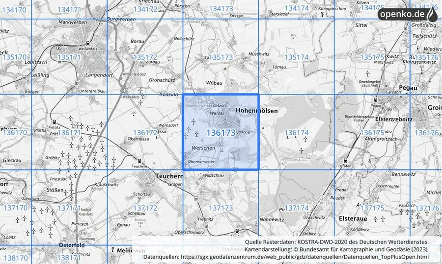 Übersichtskarte des KOSTRA-DWD-2020-Rasterfeldes Nr. 136173