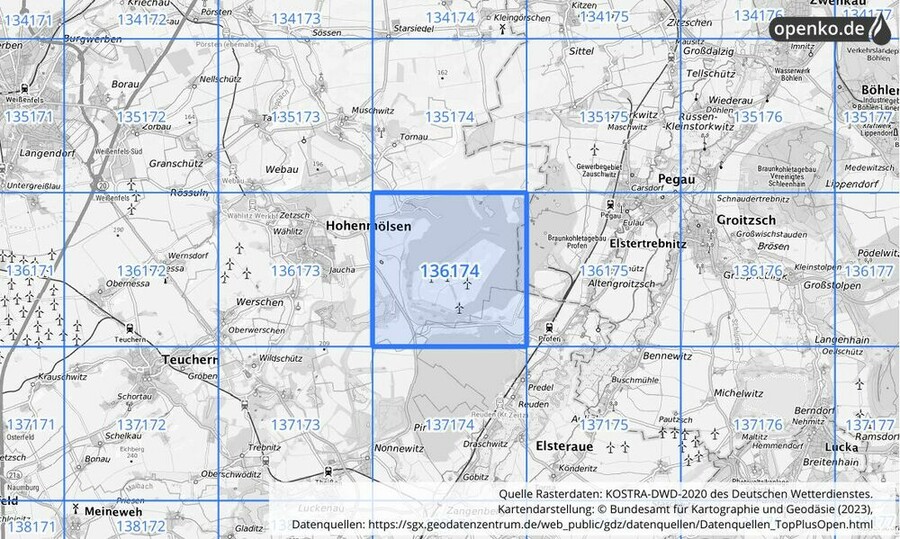 Übersichtskarte des KOSTRA-DWD-2020-Rasterfeldes Nr. 136174