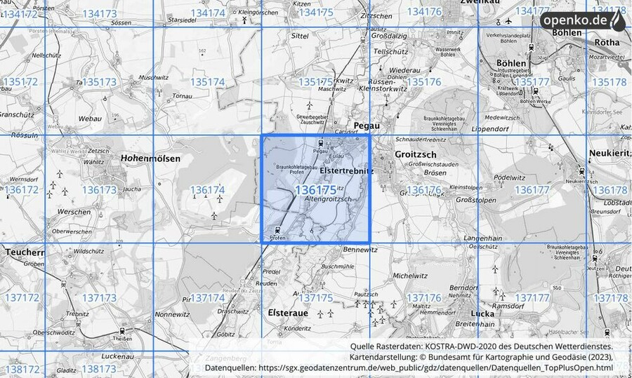 Übersichtskarte des KOSTRA-DWD-2020-Rasterfeldes Nr. 136175