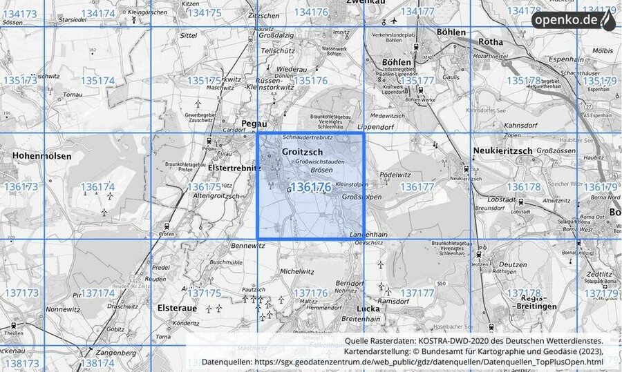 Übersichtskarte des KOSTRA-DWD-2020-Rasterfeldes Nr. 136176