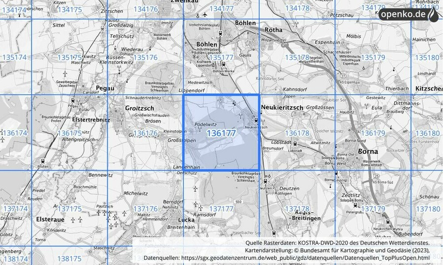 Übersichtskarte des KOSTRA-DWD-2020-Rasterfeldes Nr. 136177