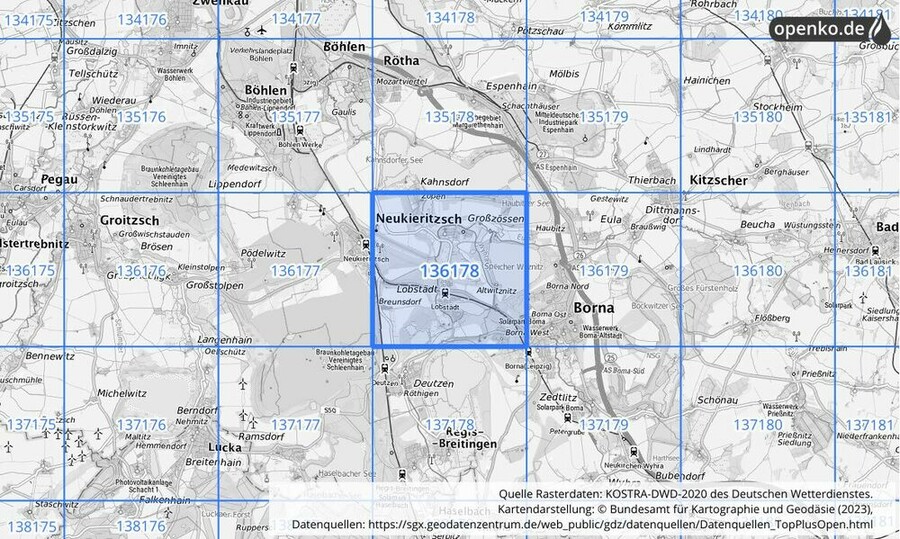 Übersichtskarte des KOSTRA-DWD-2020-Rasterfeldes Nr. 136178