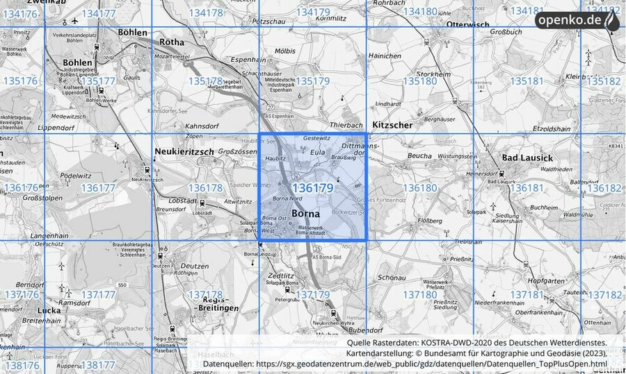 Übersichtskarte des KOSTRA-DWD-2020-Rasterfeldes Nr. 136179