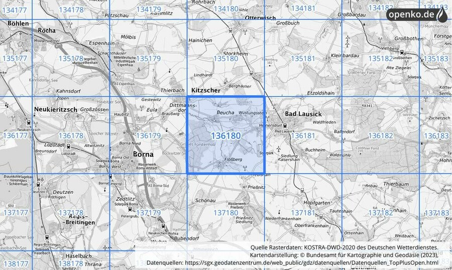 Übersichtskarte des KOSTRA-DWD-2020-Rasterfeldes Nr. 136180