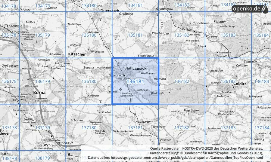 Übersichtskarte des KOSTRA-DWD-2020-Rasterfeldes Nr. 136181