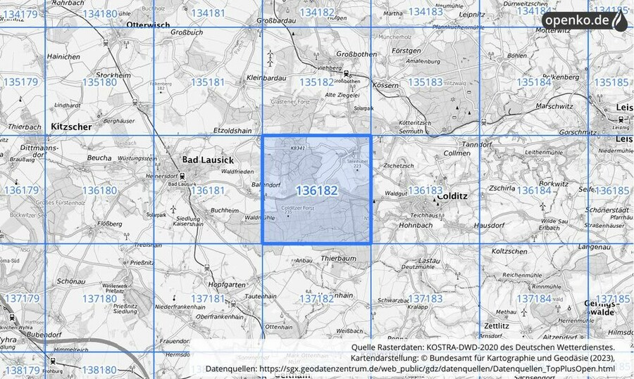 Übersichtskarte des KOSTRA-DWD-2020-Rasterfeldes Nr. 136182