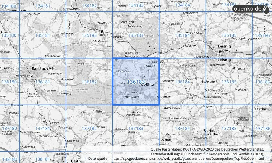 Übersichtskarte des KOSTRA-DWD-2020-Rasterfeldes Nr. 136183