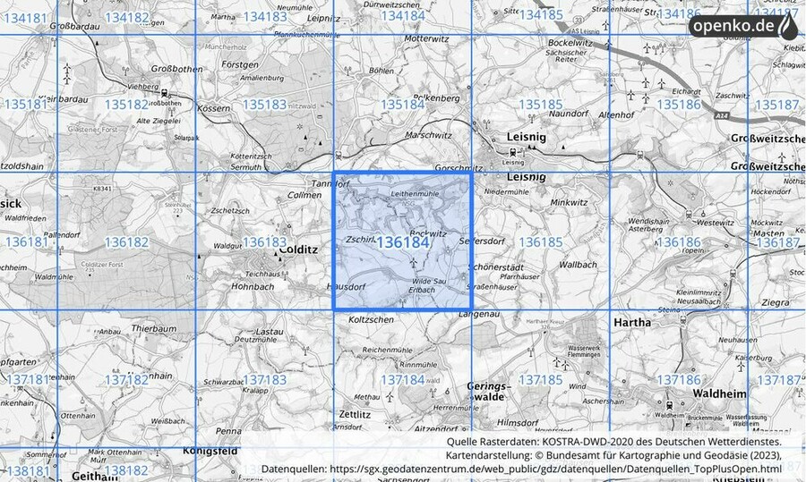 Übersichtskarte des KOSTRA-DWD-2020-Rasterfeldes Nr. 136184