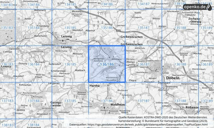 Übersichtskarte des KOSTRA-DWD-2020-Rasterfeldes Nr. 136186