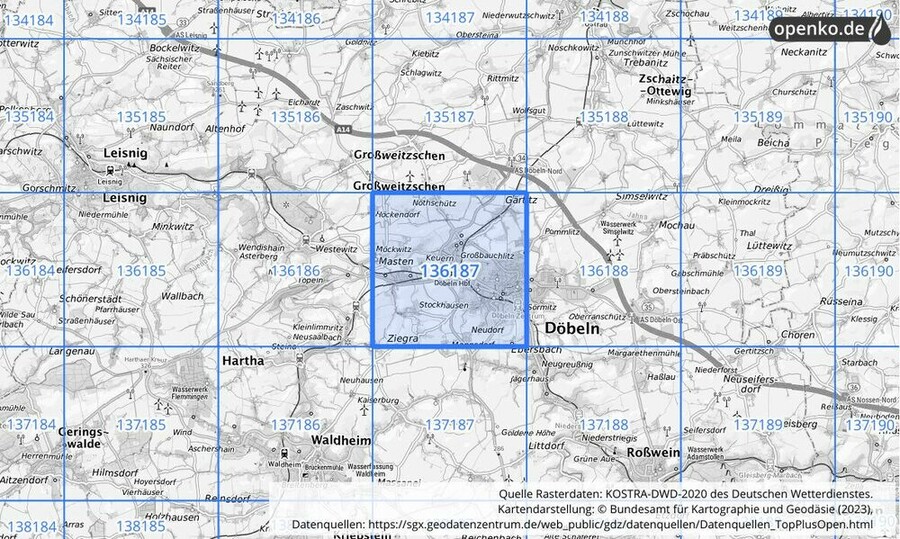 Übersichtskarte des KOSTRA-DWD-2020-Rasterfeldes Nr. 136187